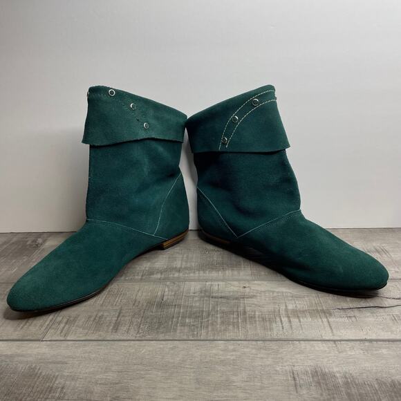 Vintage Hunter Green Suede Leather Point Toe Stud Peter Pan Ankle Boots sz 6 7 - Picture 3 of 10